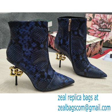 Dolce & Gabbana Thin Heel 10.5cm Leather Ankle Boots Snake Print Blue with Baroque DG Heel 2021
